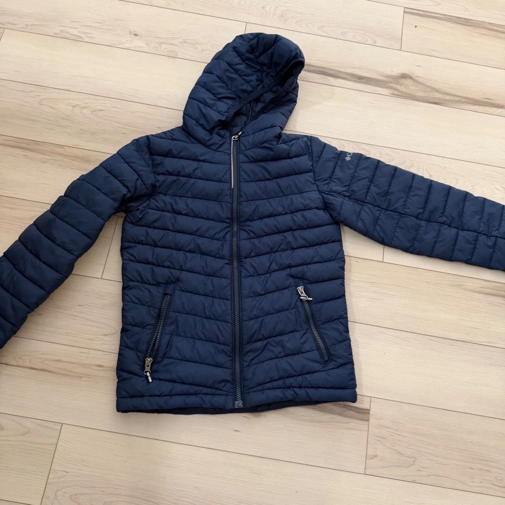 Columbia Kids Hooded Jacket Coat Navy Blue Puffer Omni-Heat Water Resistant